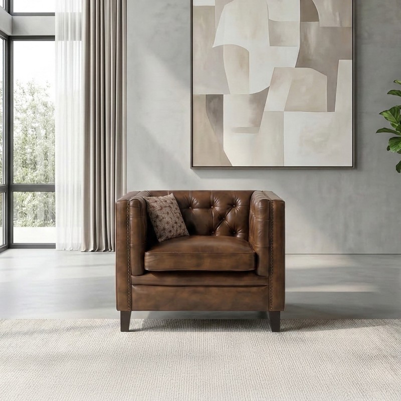 Fauteuil in bruin buffelleer Chesterfield – Charles