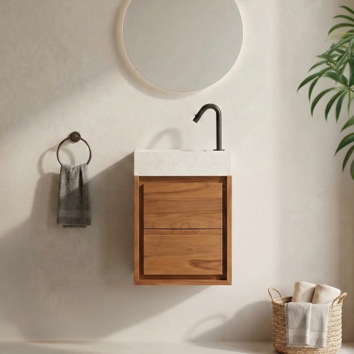 Hangwastafel van massief teakhout met witte terrazzowastafel - Tanvi