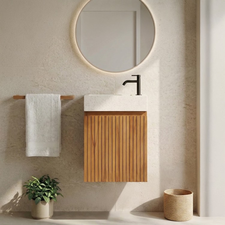 Hangwastafel van massief teakhout met witte terrazzowastafel - Trishna