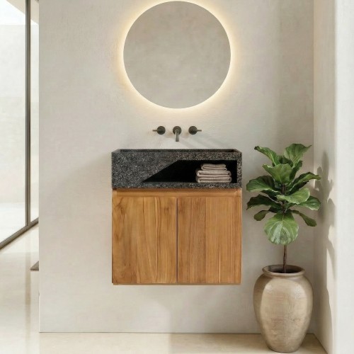 Wastafelmeubel van massief teakhout met zwarte terrazzo waskom - Tanja