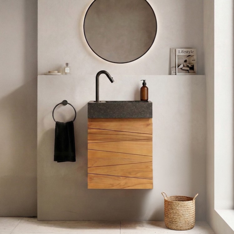 Hangwastafel van massief teakhout met zwart terrazzo wastafelblad - Rehana