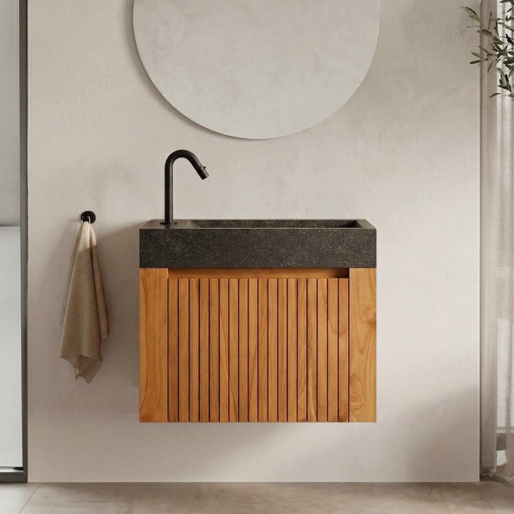 Hangwastafel van massief teakhout met zwart terrazzo wastafelblad - Nila