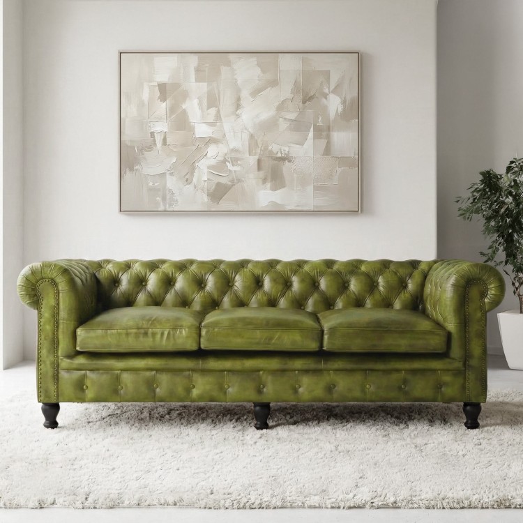 Chesterfield bank van echt groen leer 3-zits - Edward