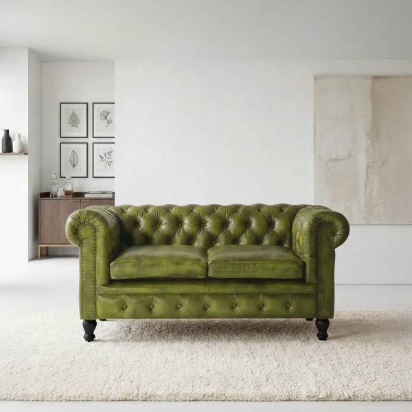 Chesterfield bank van echt groen leer 2-zits - Edward