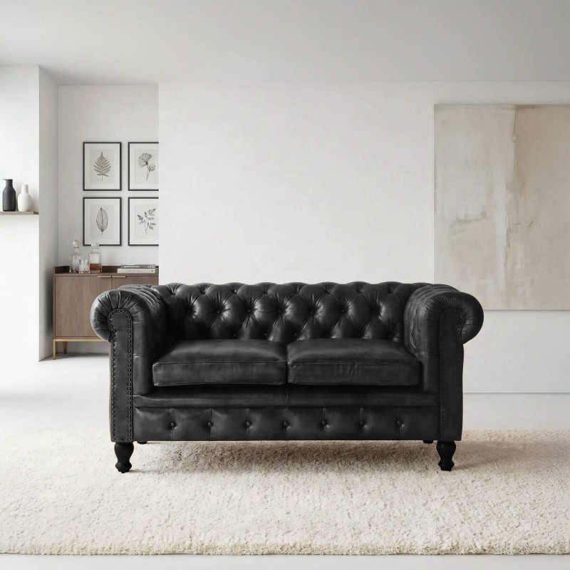 Chesterfield bank van echt zwart leer 2-zits - Edward