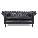 Chesterfield bank van echt zwart leer 2-zits - Edward