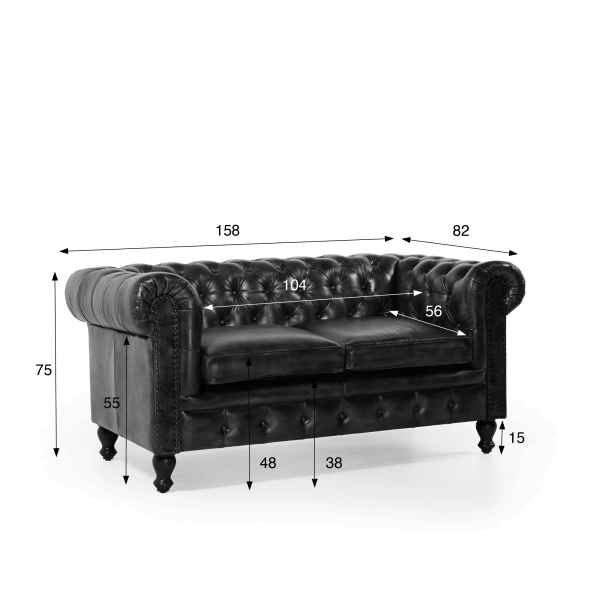 Chesterfield bank van echt zwart leer 2-zits - Edward