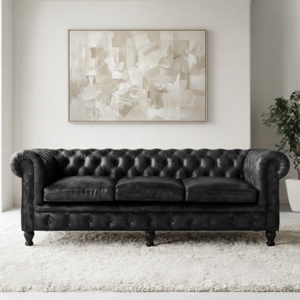 Chesterfield bank van echt zwart leer 3-zits - Edward