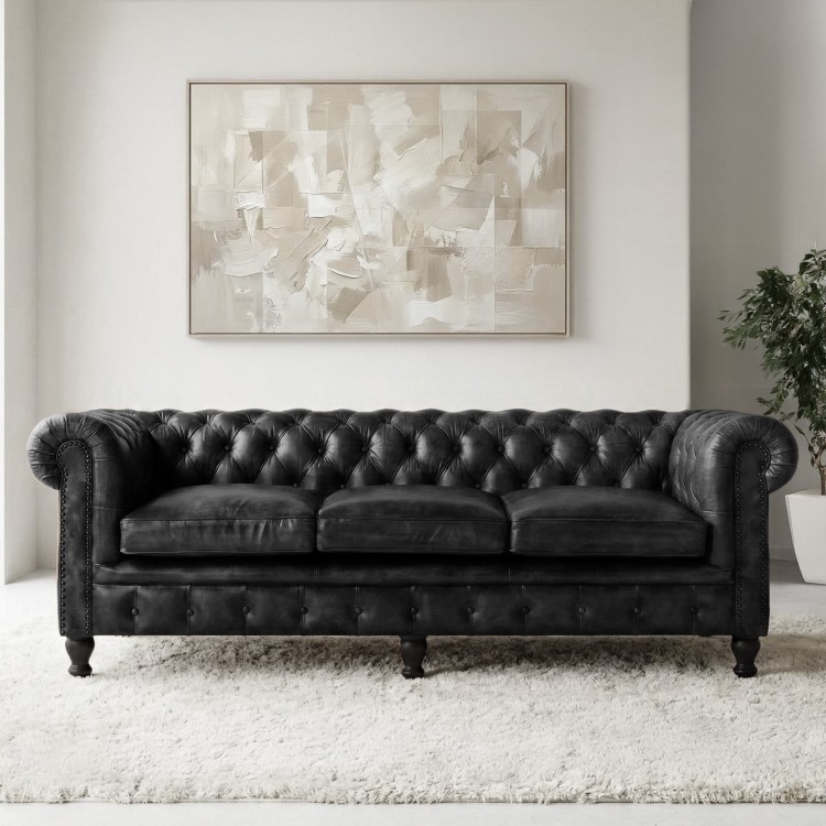 Chesterfield bank van echt zwart leer 3-zits - Edward