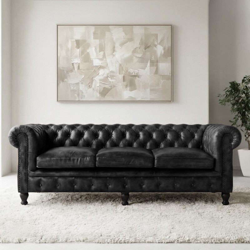 Chesterfield bank van echt zwart leer 3-zits - Edward