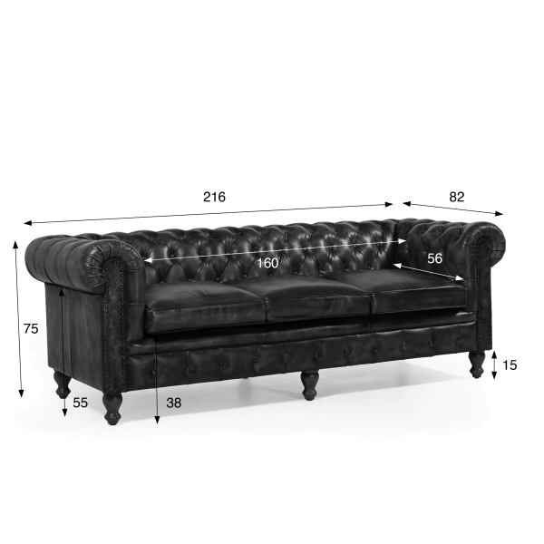 Chesterfield bank van echt zwart leer 3-zits - Edward