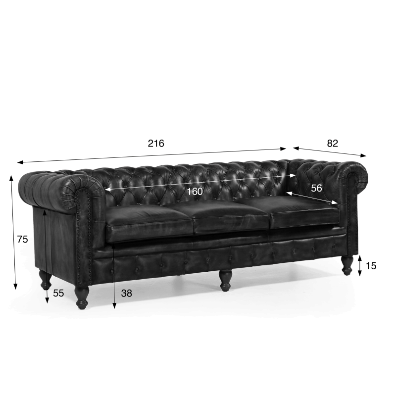 Chesterfield bank van echt zwart leer 3-zits - Edward