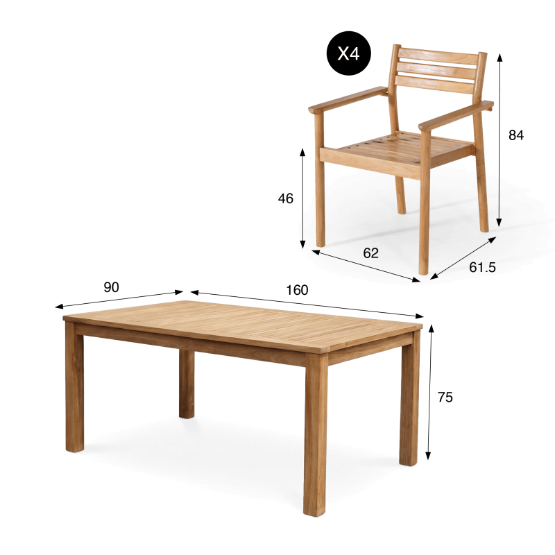 Tuinset met tafel en stoelen in teakhout voor 4 personen