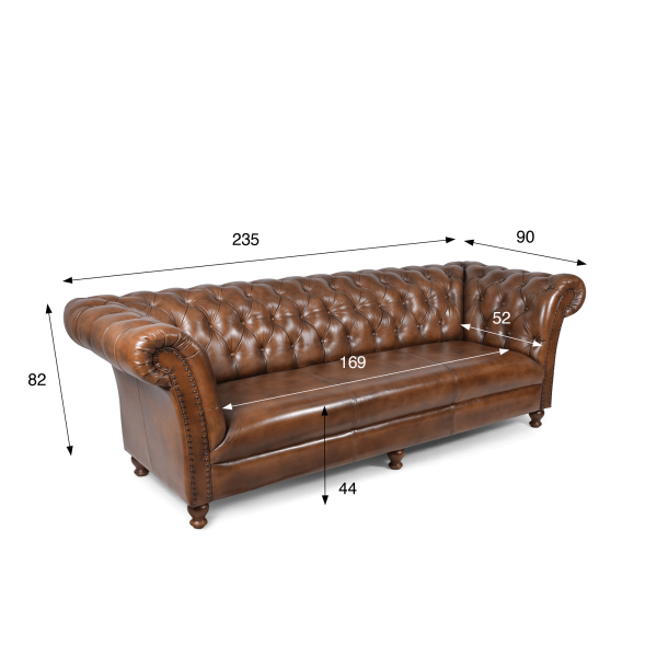 Chesterfield bank van echt bruin leer 3-zits - Henry