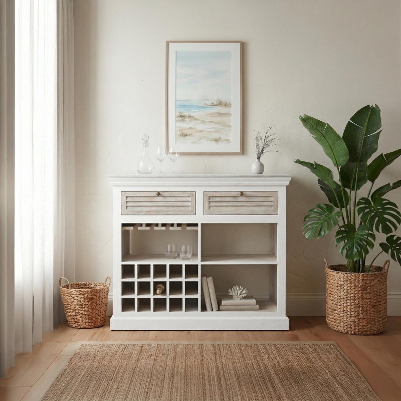 Barkast met flessenrek van wit hout - Sea Side