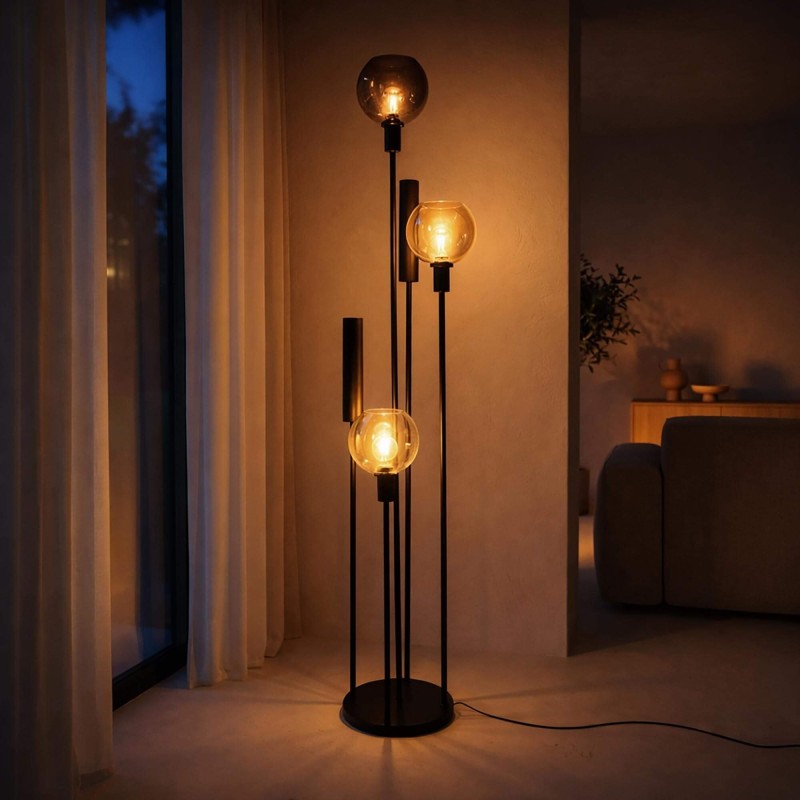 Vloerlamp voor de woonkamer met glazen kap en zwart metaal - Sfera