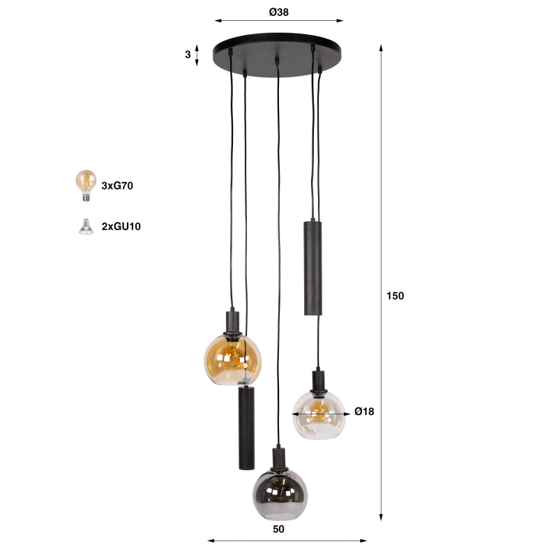 Hanglamp met glazen kap en zwart metaal - Sfera