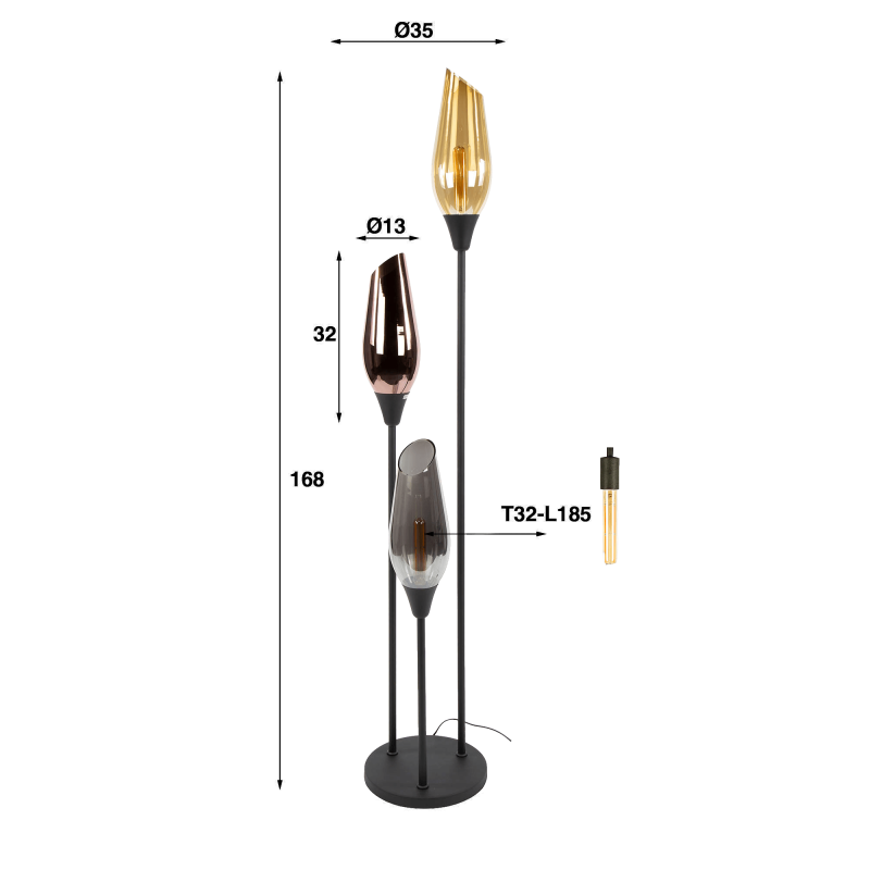 Design vloerlamp in zwart metaal met amberglazen kap - Barton