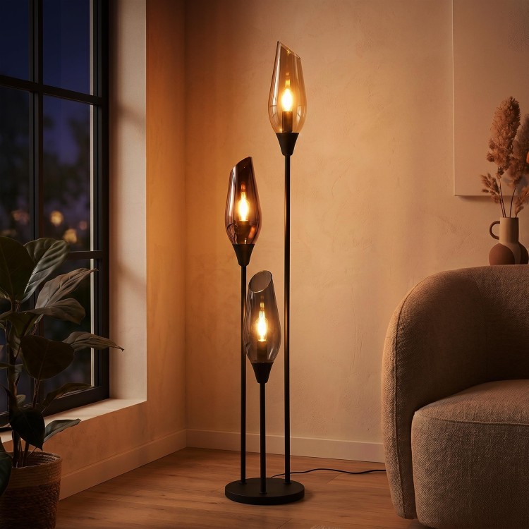 Design vloerlamp in zwart metaal met amberglazen kap - Barton