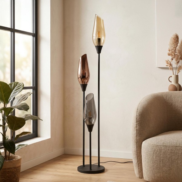 Design vloerlamp in zwart metaal met amberglazen kap - Barton