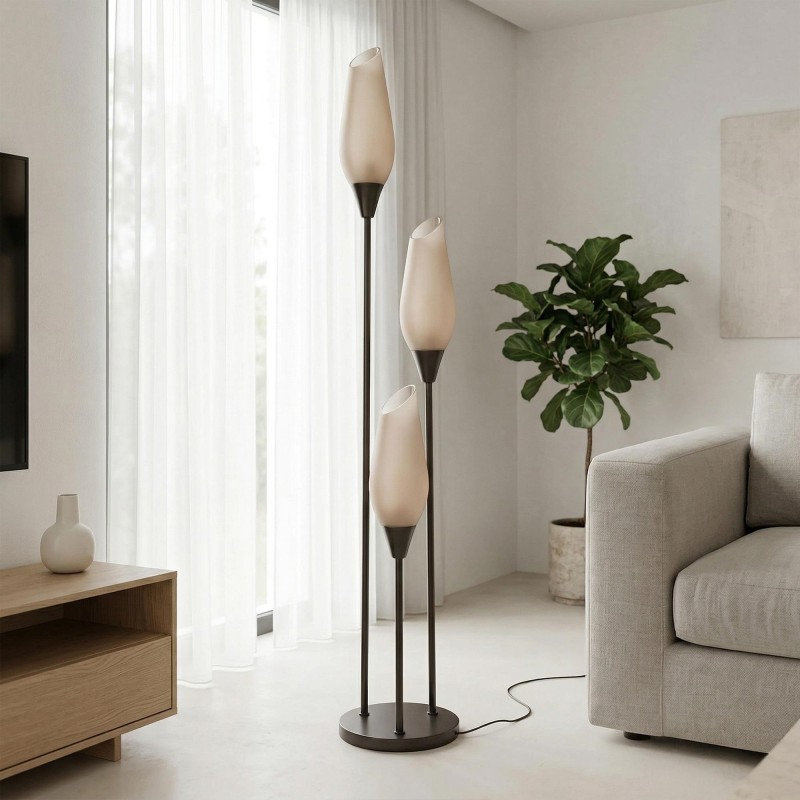 Vloerlamp in bruin metaal met kap van opaalglas - Barton