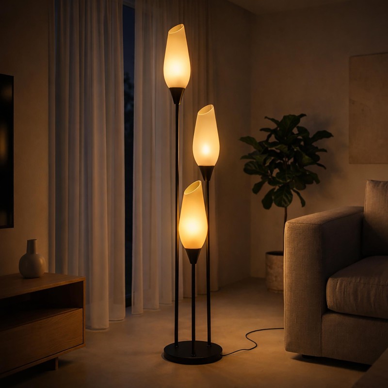 Vloerlamp in bruin metaal met kap van opaalglas - Barton