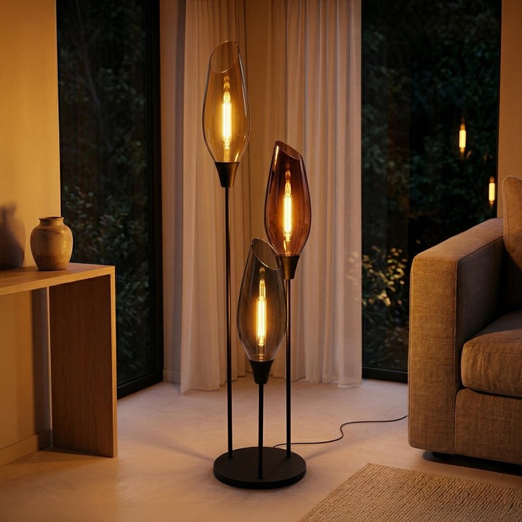 Design vloerlamp in zwart metaal met amberglazen kap XL - Barton