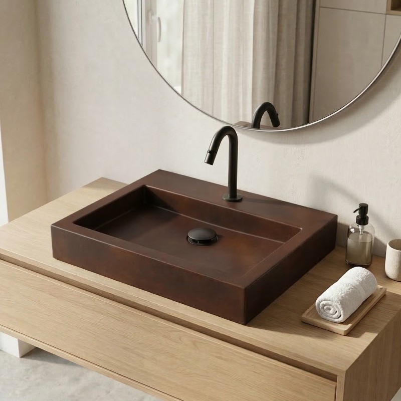 Rechthoekige vintage bruine betonnen wastafel - Solidis