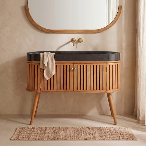 120 cm massief teak badkamermeubel met zwarte terrazzo waskom - Keya