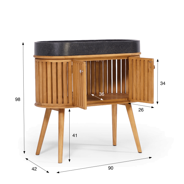 90 cm massief teak badkamermeubel met zwarte terrazzo waskom - Keya