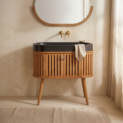 90 cm massief teak badkamermeubel met zwarte terrazzo waskom - Keya