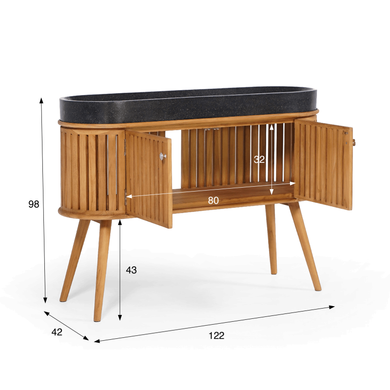 120 cm massief teak badkamermeubel met zwarte terrazzo waskom - Keya