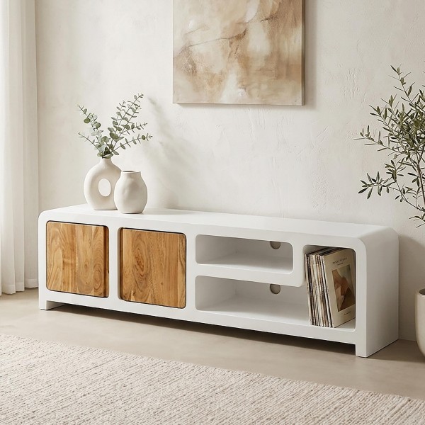 TV-meubel in betonlook en massief acaciahout 180 cm - Mineralis