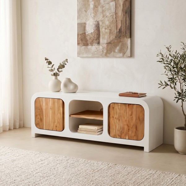 TV-meubel in betonlook en massief acaciahout 140 cm - Mineralis