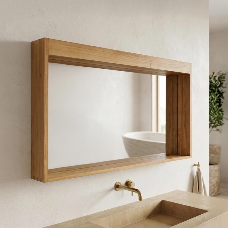Massief teakhouten 140 cm rechthoekige spiegel met lamphouder