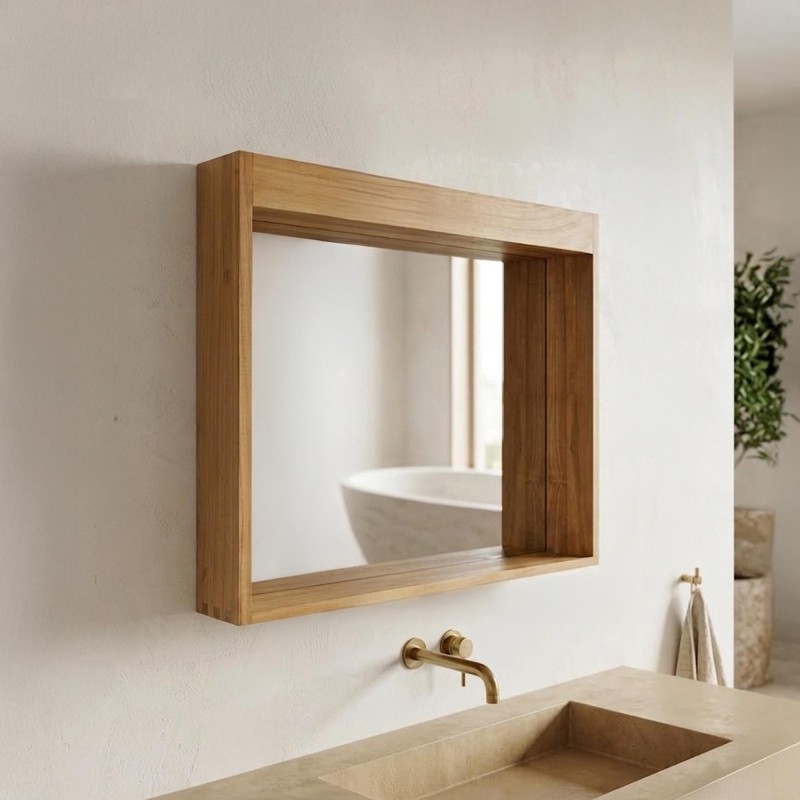 Massief teakhouten 90 cm rechthoekige spiegel met lamphouder
