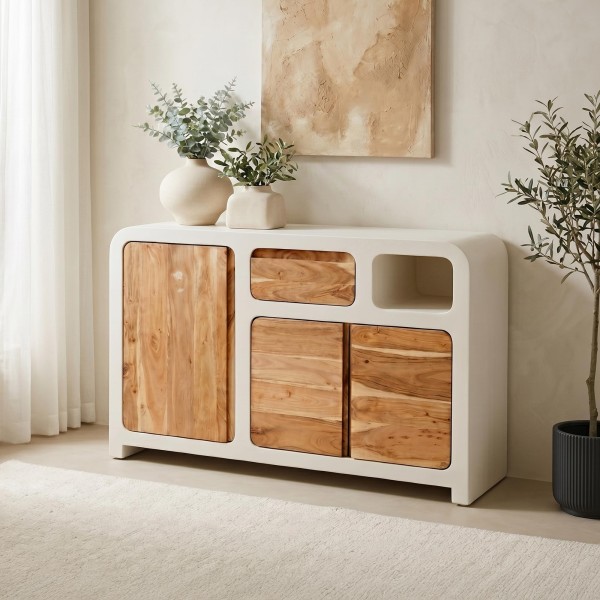 Dressoir voor de eetkamer in betonlook en massief acaciahout - Mineralis