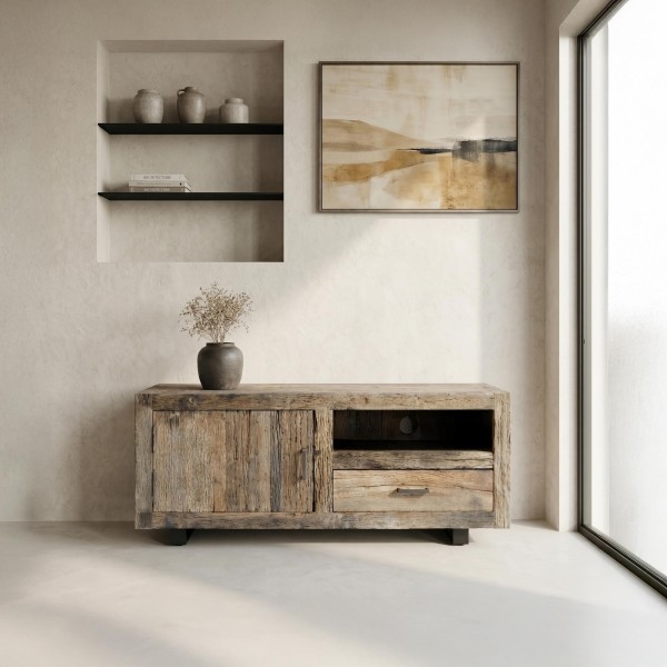 TV-meubel in donker, ruw oud hout 110 cm - Antique