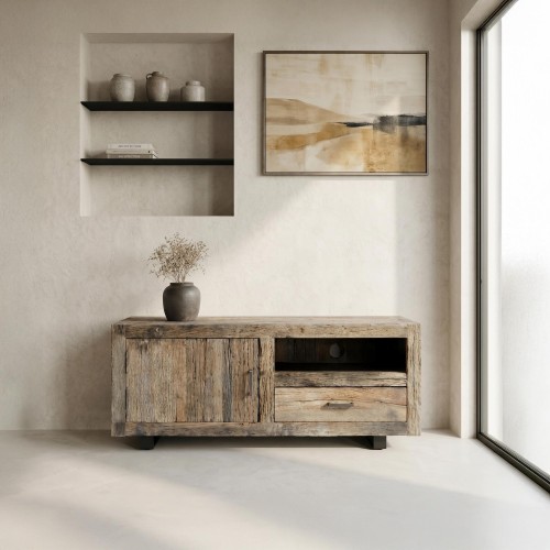 TV-meubel in donker, ruw oud hout 110 cm - Antique