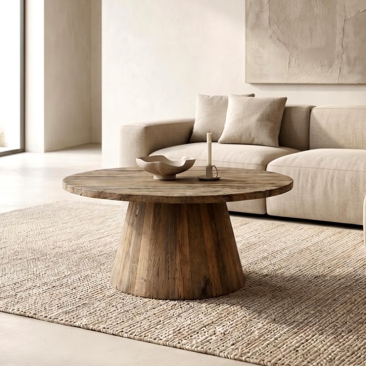 Ronde salontafel in massief, ruw oud hout - Rustique