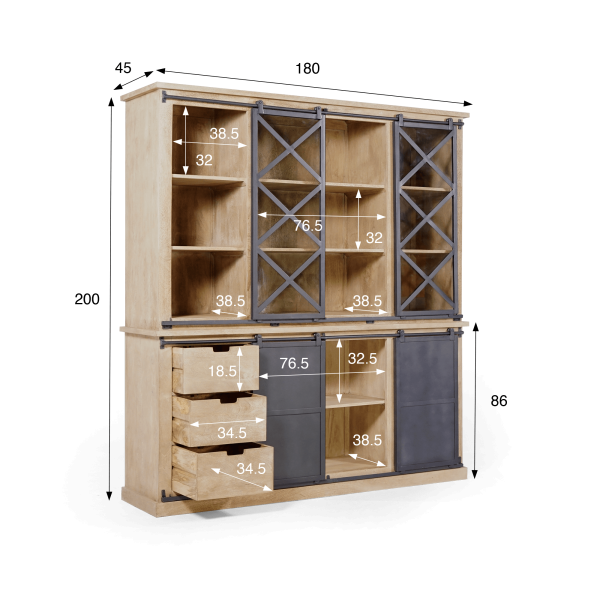 Vitrinekast in industriële stijl van massief hout 180 cm – Detroit