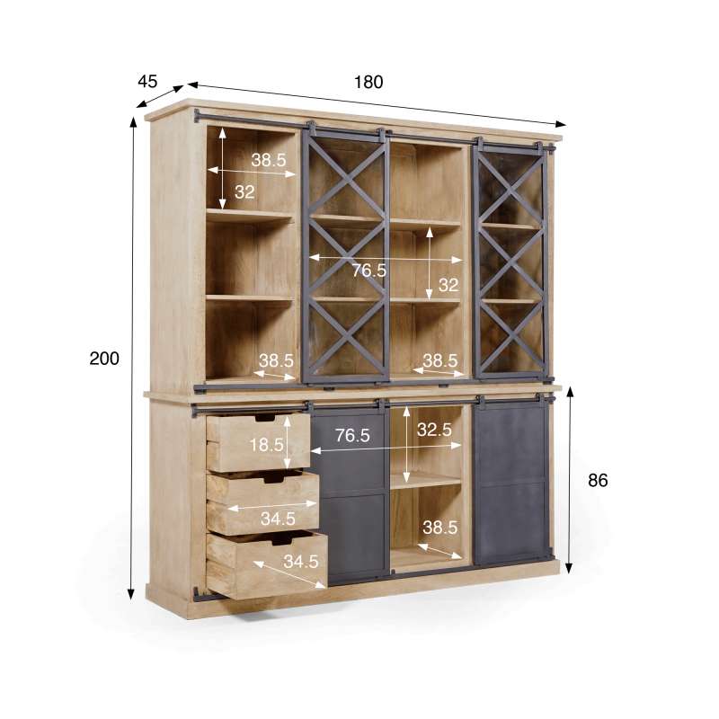 Vitrinekast in industriële stijl van massief hout 180 cm – Detroit