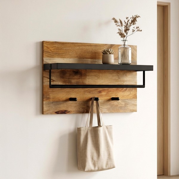 Massief houten kapstok met metalen plank en 3 haken
