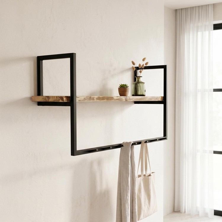 Metalen wandkapstok met 7 haken en 1 massief houten plank