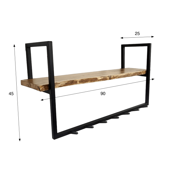 Metalen wandkapstok met 7 haken en 1 massief houten plank