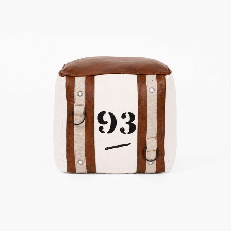 Vintage-stijl poef van leer en stof "93