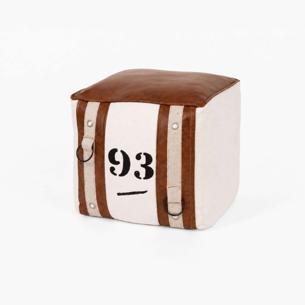 Vintage-stijl poef van leer en stof "93