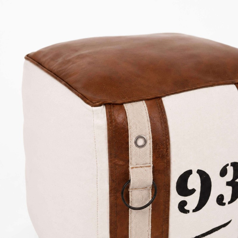 Vintage-stijl poef van leer en stof "93