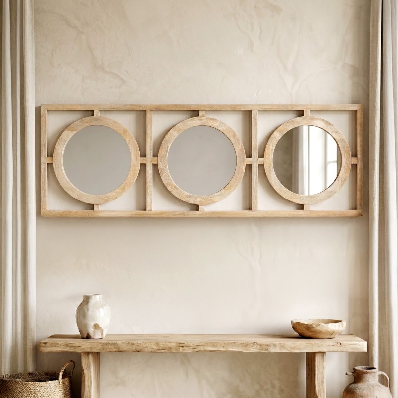 Rechthoekige set ronde spiegels met houten lijst 145 x 50 cm  - Ellipse