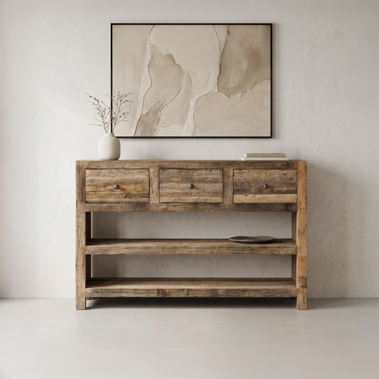 Console met 3 lades in donker, ruw oud hout - Antique